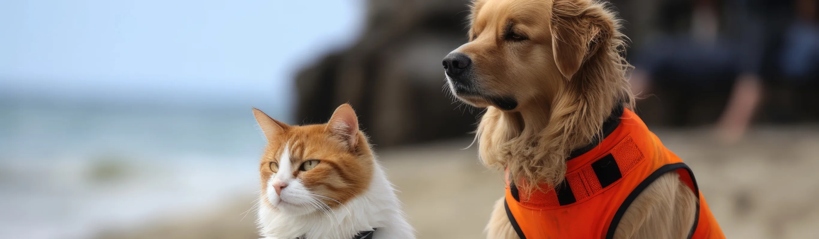 A dog and cat sitting on a beach